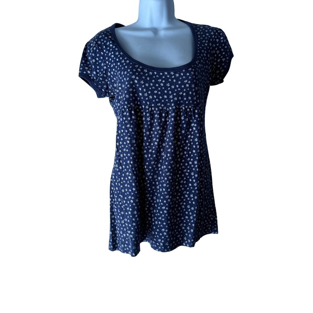 Self Esteem Y2k Navy Blue Floral Print Babydoll Tunic Top Medium Coquette Preppy